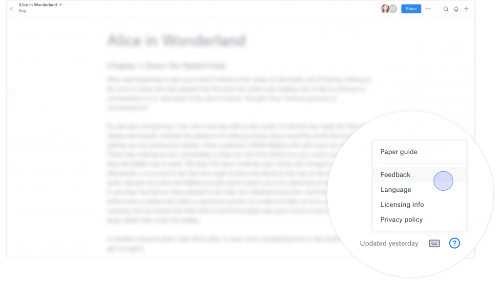 Feedback in bottom right corner of Dropbox Paper